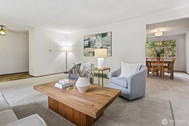 living area featuring carpet and a textured ceiling