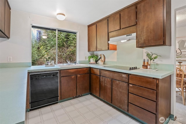 kitchen featuring black appliances, under cabinet range hood, a sink, light countertops, and light floors