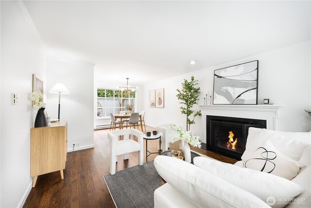 living room with a warm lit fireplace, baseboards, ornamental molding, and dark wood finished floors