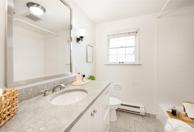 bathroom featuring a baseboard radiator, visible vents, toilet, tub / shower combination, and vanity