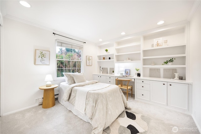 bedroom featuring ornamental molding, recessed lighting, light colored carpet, and baseboards