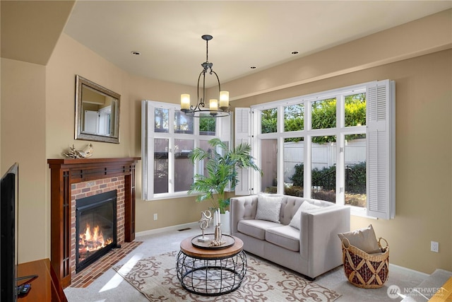 living room featuring visible vents, baseboards, a notable chandelier, and a brick fireplace