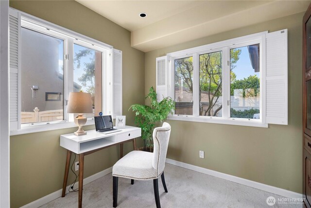 home office with light colored carpet and baseboards