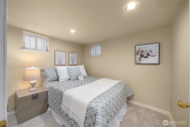 bedroom with recessed lighting, multiple windows, carpet floors, and baseboards