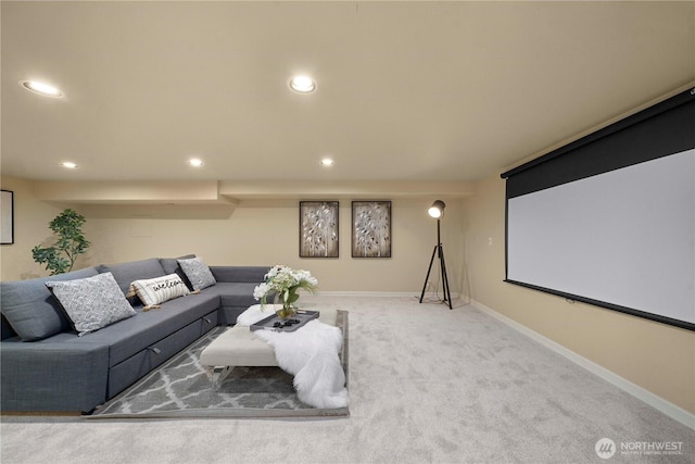 carpeted home theater with recessed lighting and baseboards