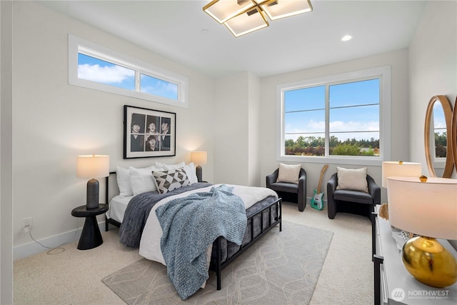 carpeted bedroom with recessed lighting and baseboards