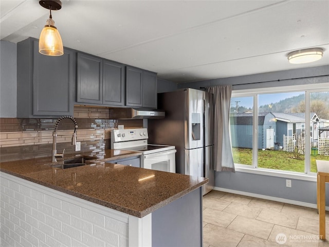 kitchen featuring electric range, tasteful backsplash, dark stone counters, a peninsula, and a sink