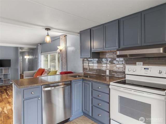 kitchen with white range with electric stovetop, stainless steel dishwasher, a sink, a peninsula, and under cabinet range hood