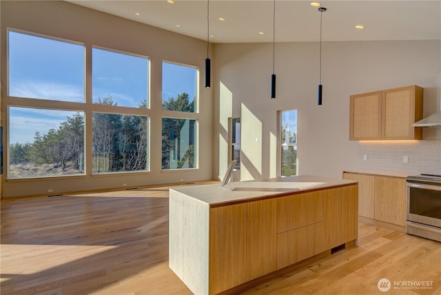 kitchen featuring modern cabinets, stainless steel electric range oven, light wood-style flooring, and light brown cabinetry