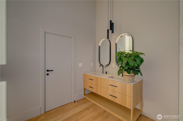 bathroom featuring double vanity, a sink, and wood finished floors