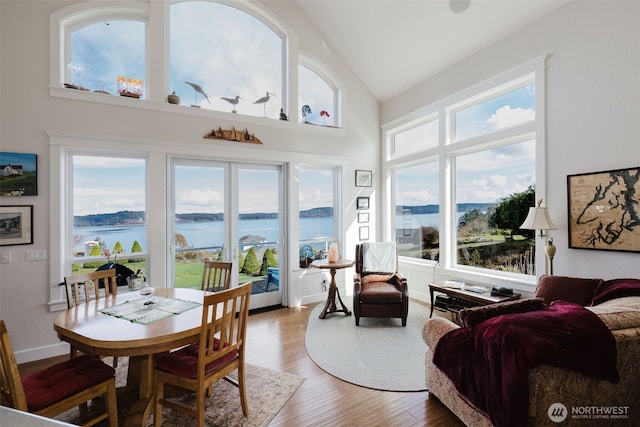 sunroom / solarium featuring vaulted ceiling and a water view