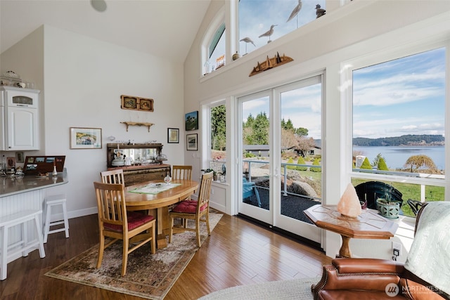 dining room with high vaulted ceiling, a water view, and wood finished floors