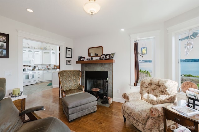 living area featuring light wood-type flooring, a fireplace, baseboards, and recessed lighting