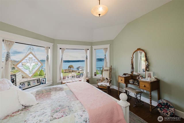 bedroom featuring lofted ceiling, access to outside, dark wood-style flooring, and baseboards