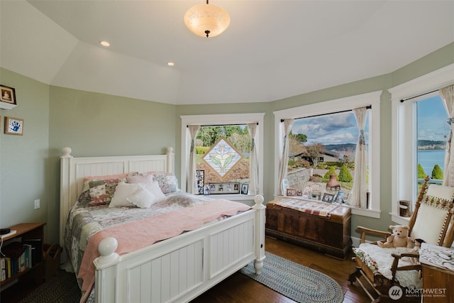 bedroom featuring dark wood-style floors and recessed lighting