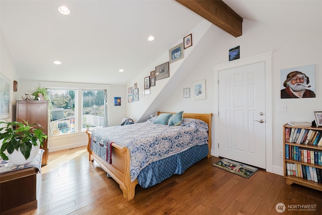 bedroom featuring vaulted ceiling with beams, baseboards, wood finished floors, and recessed lighting