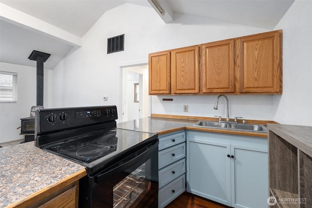 kitchen featuring lofted ceiling, black range with electric cooktop, a sink, visible vents, and a wood stove