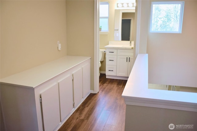 hallway with dark wood-style flooring and a sink