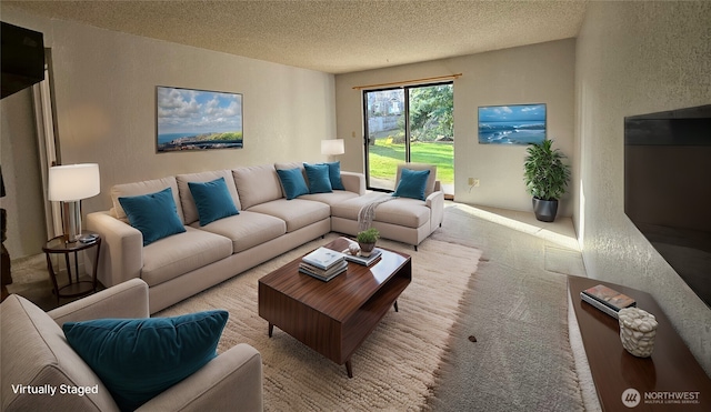 living area featuring carpet, a textured wall, and a textured ceiling