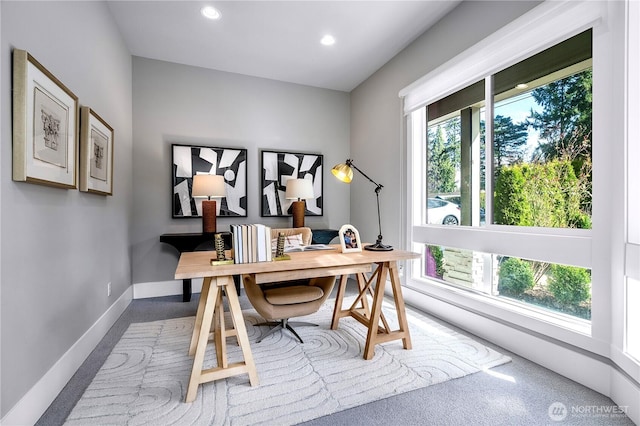 office featuring recessed lighting and baseboards