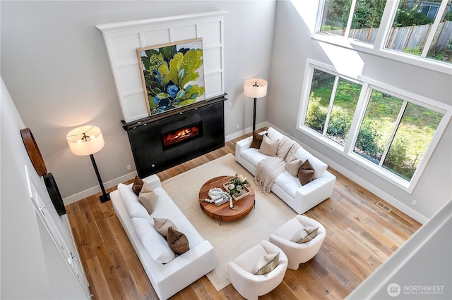 living area featuring baseboards, wood finished floors, and a glass covered fireplace