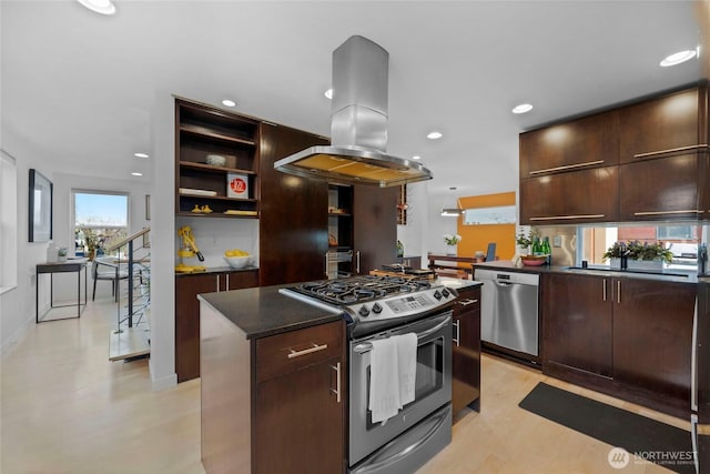 kitchen featuring island exhaust hood, open shelves, a kitchen island, stainless steel appliances, and dark brown cabinets