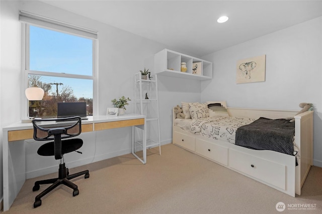 bedroom featuring recessed lighting, light colored carpet, and baseboards