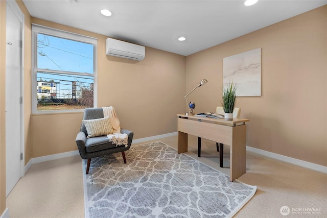 home office featuring a wall unit AC, carpet flooring, recessed lighting, and baseboards