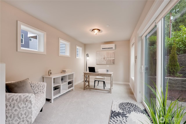 office with baseboards, light colored carpet, a healthy amount of sunlight, and a wall unit AC