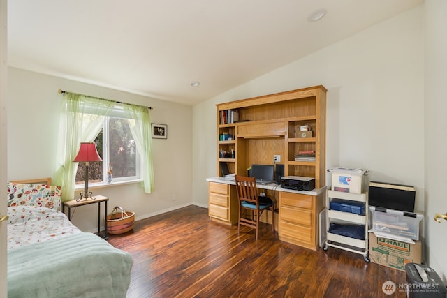 bedroom with recessed lighting, baseboards, dark wood-style floors, and vaulted ceiling