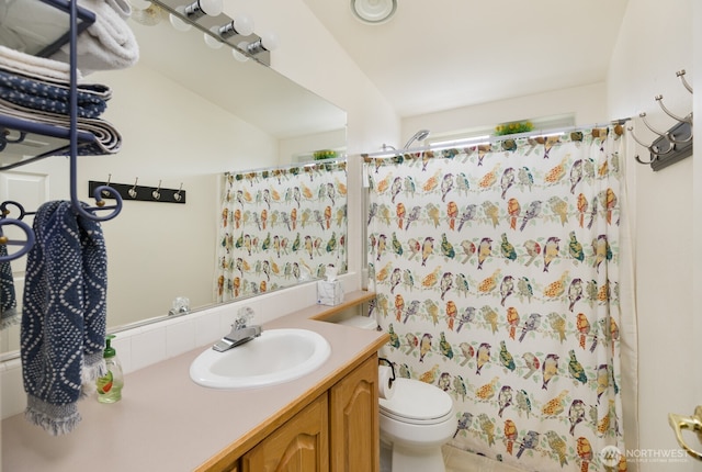 full bathroom with curtained shower, vanity, and toilet