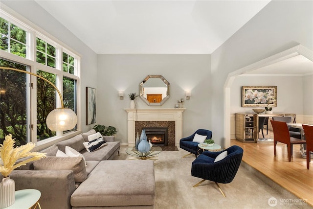 living room with a high end fireplace and wood finished floors