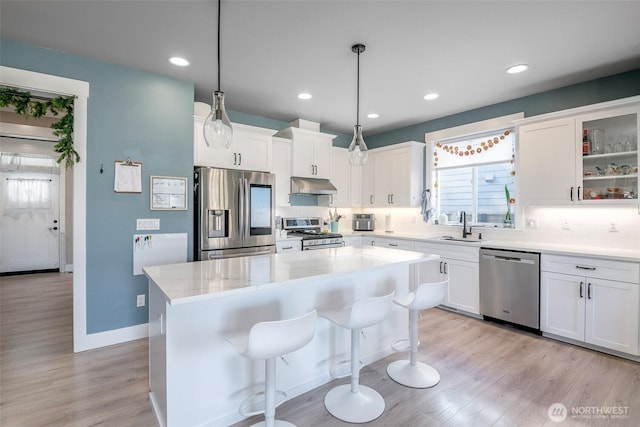 kitchen featuring appliances with stainless steel finishes, a sink, white cabinets, and under cabinet range hood