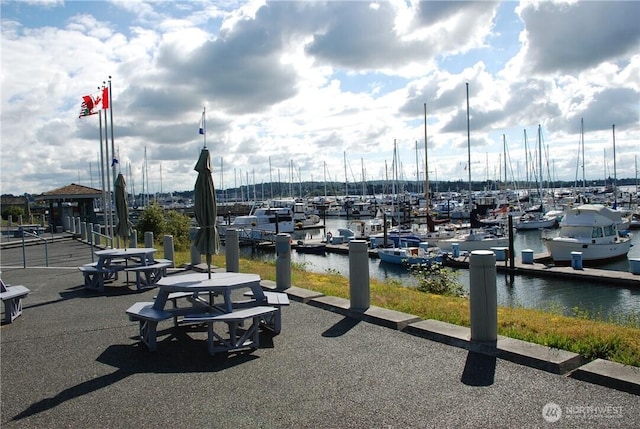 view of dock with a water view