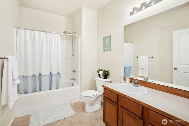 full bath featuring tile patterned flooring, shower / bath combination with curtain, vanity, and toilet