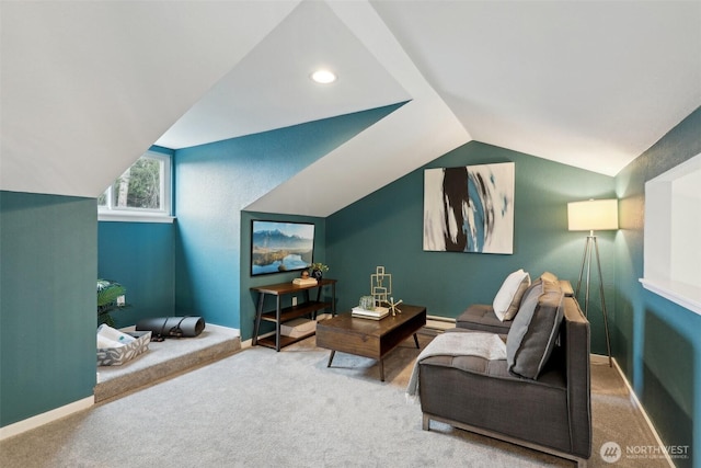 interior space with vaulted ceiling, carpet floors, recessed lighting, and baseboards