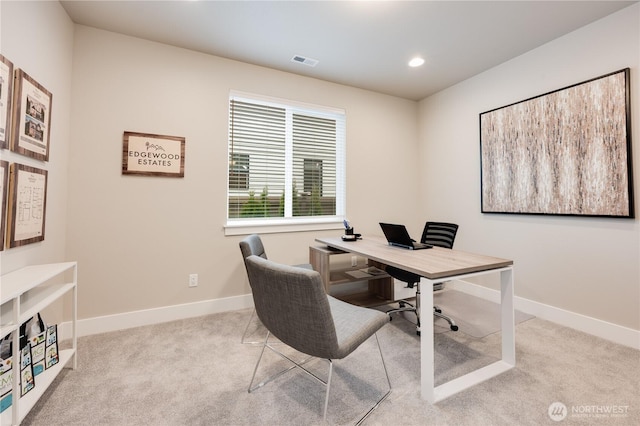 office area featuring carpet, visible vents, baseboards, and recessed lighting