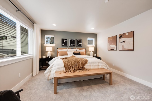 bedroom with light carpet, baseboards, and recessed lighting