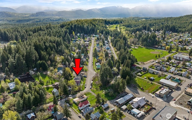 bird's eye view featuring a wooded view and a mountain view