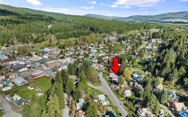 birds eye view of property with a forest view and a mountain view