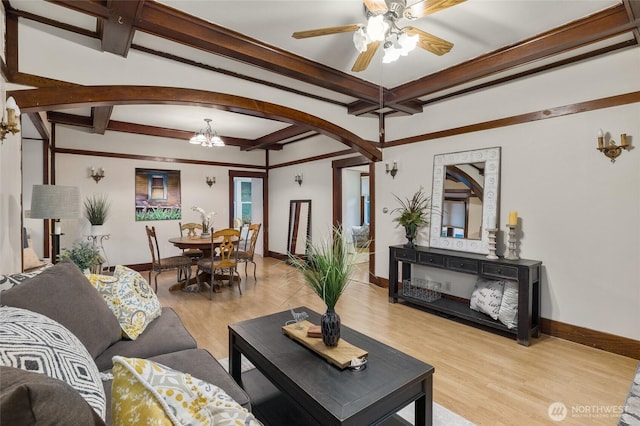 living room with light wood finished floors, baseboards, beam ceiling, and ceiling fan with notable chandelier