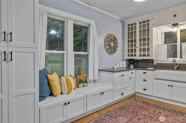 kitchen featuring light wood-style floors, glass insert cabinets, ornamental molding, white cabinets, and a sink