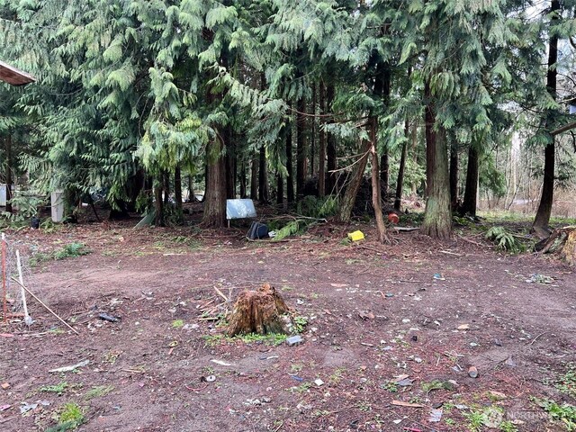 view of yard with a view of trees