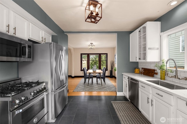 kitchen featuring decorative backsplash, white cabinets, appliances with stainless steel finishes, and a sink