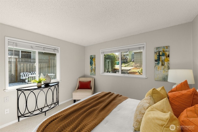 bedroom featuring carpet flooring, a textured ceiling, and baseboards