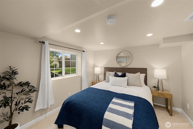 bedroom with recessed lighting, baseboards, and carpet floors