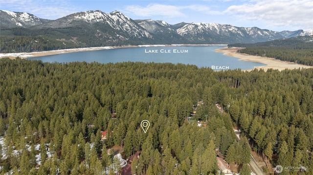 birds eye view of property with a wooded view and a water and mountain view