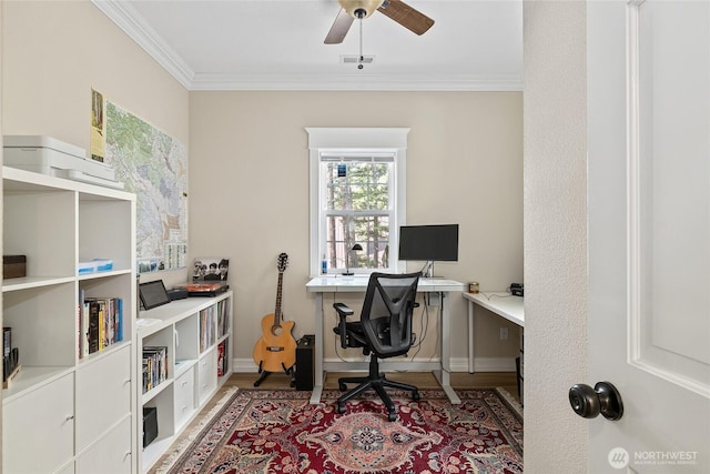 office space featuring ceiling fan, visible vents, baseboards, and ornamental molding