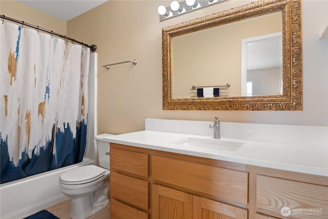 full bathroom with shower / bathtub combination with curtain, vanity, and toilet