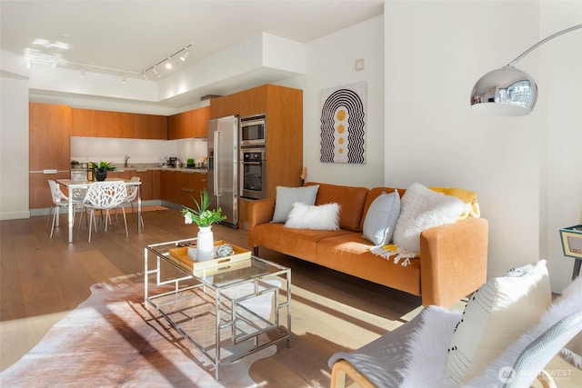 living room featuring light wood finished floors and track lighting